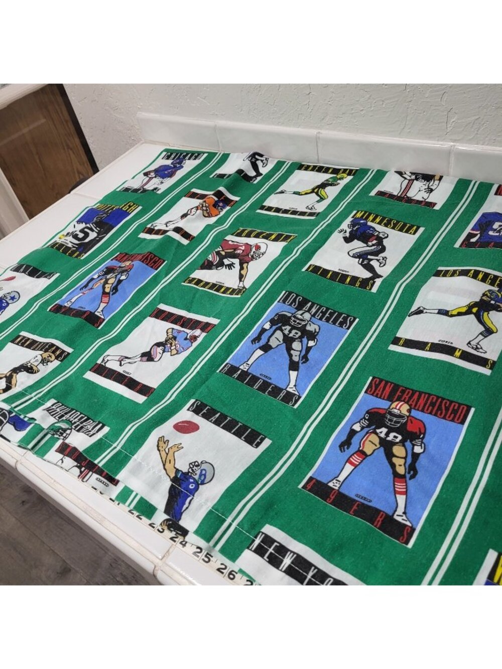 VTG NFL Bed Flat Sheet 1989 Twin Size 66x92 Football All Teams Fabric Green